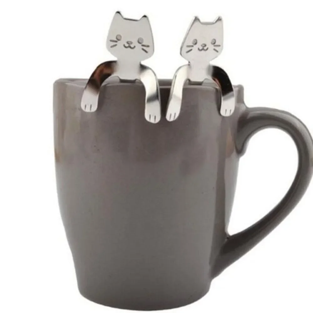 Cat Spoons Tea Spoons Stirrers Cup Hugging Kitty Cats Stainless Steel 2 PC Set